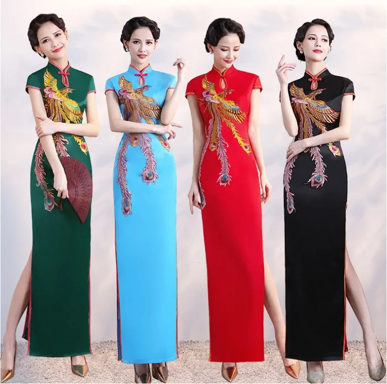 Женское изысканное длинное платье-Ципао с аппликацией Феникса пикантное