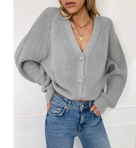 

Cardigan Sweaters Tops Women 2020 Autumn New Knit Loose Casual Solid Color V-neck Lantern Sleeves bat Sleeves Button Jacket