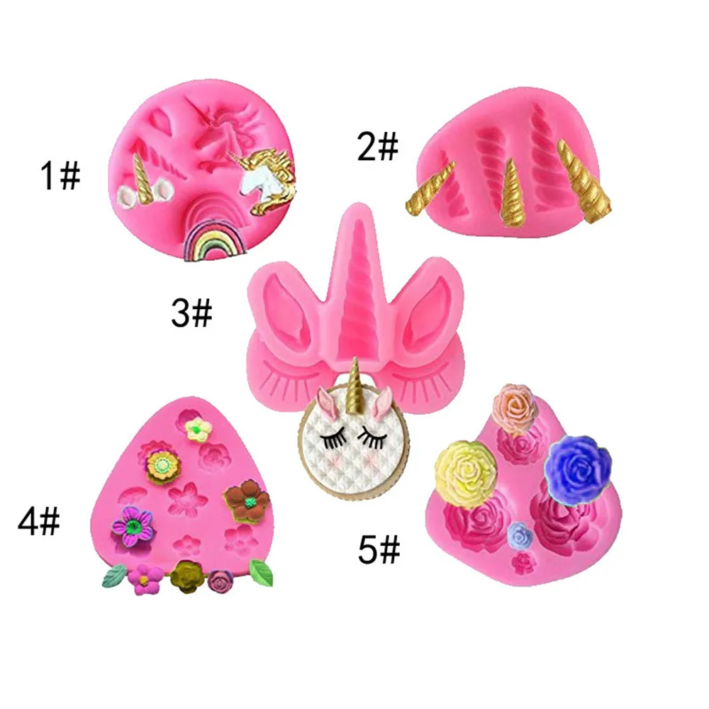 

5 Styles Unicorn Horn Ears Cake Silicone Mold Fondant Chocolate Cake Decoration Tool Flower Shaped Dessert Bakeware Pastry Mould
