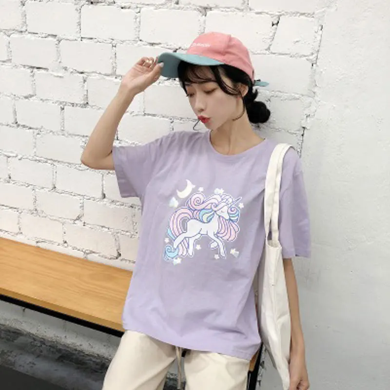 Лето 2020 футболка для женщин единорог с о образной горловиной и