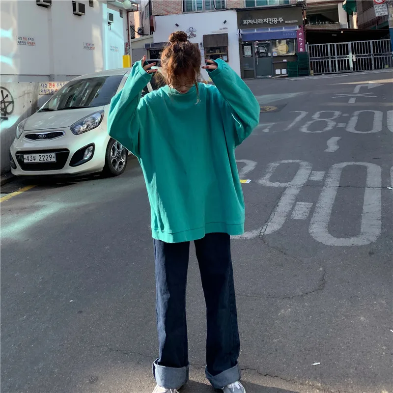 Осень корейский ulzzang мода Свободный Harajuku с длинными рукавами свитер ins простой сплошной цвет o-образным вырезом Повседневная Женская толстовка