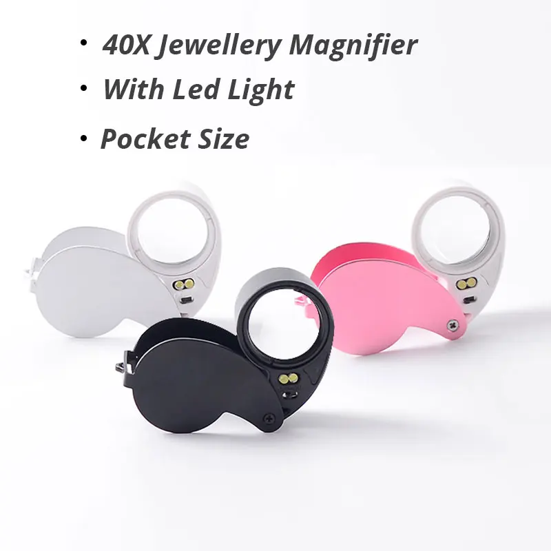 

High Power White Pocket 40x25mm Illuminated Magnifier Gem Magnifying Glass LED Loupe CE Passed MG21011