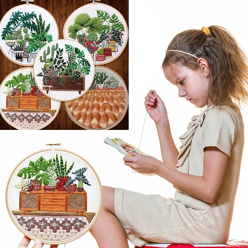 

DIY Cactus Patterns Embroidery Plant Series Handcraft Beginner Embroidery Starter Supplies Hanging Painting Decor Hoop
