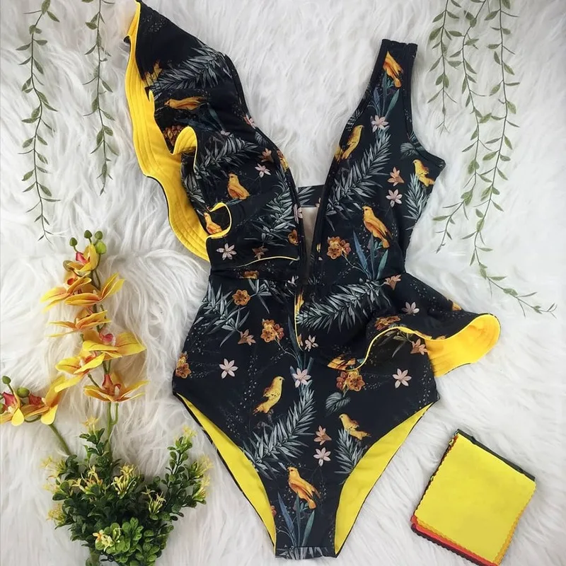 

Swimwear Women Bathing Suit Swimming Suit Printed One-piece Swimsuit Solid One-shoulder Ruffle Swimwear Open Back Patchwork