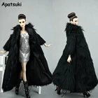 Комплект зимний супердлинный меховое черное пальто и серебристое платье для куклы Барби модная одежда парка платье наряд для куклы 16 аксессуары