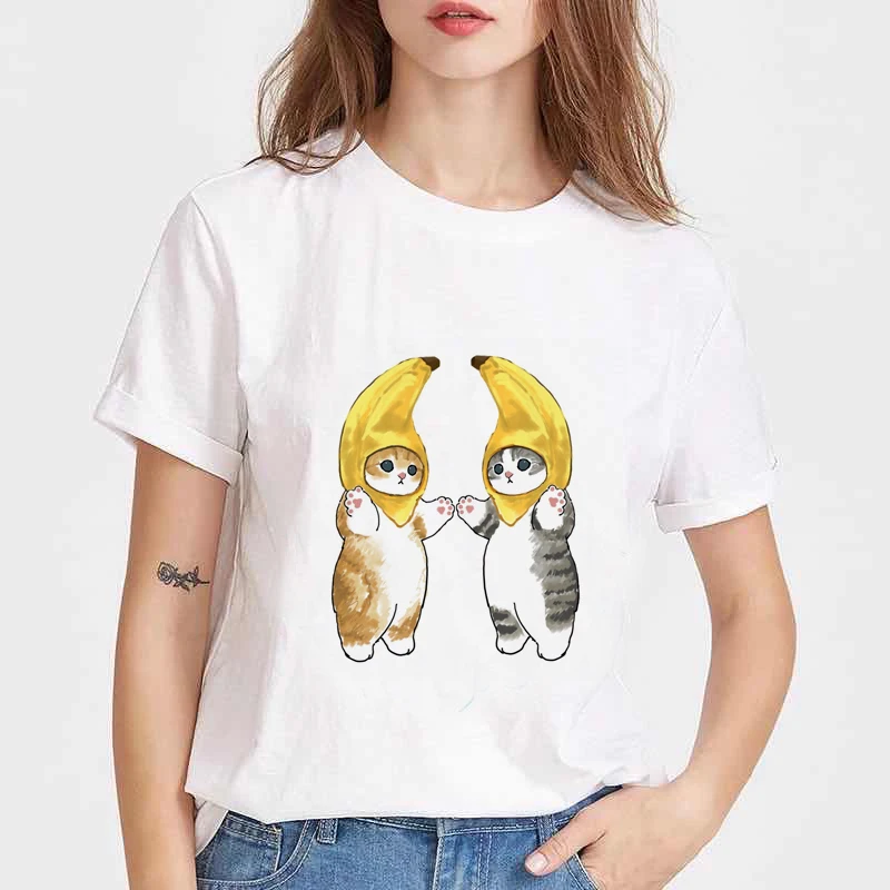 

Женская футболка с японским бананой, кошкой, футболка в стиле Харадзюку, женская футболка, забавная одежда, эстетические футболки, топы, фут...