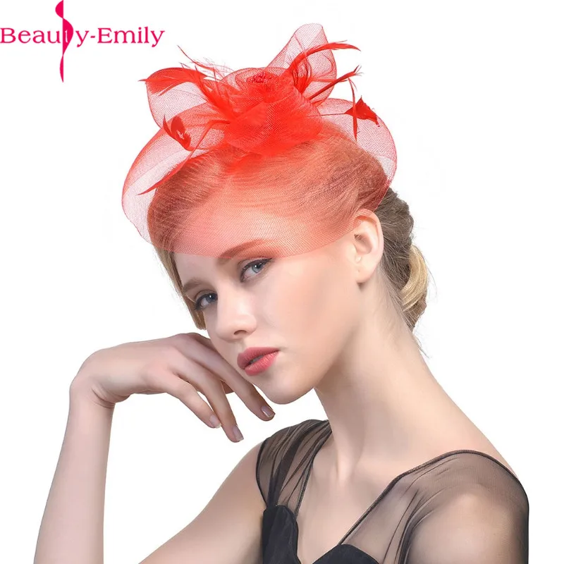 

Beauty Emily Women Fascinator Bridal Mesh Flower Hair Clip Many Colors Available Feather Hat for Wedding Party