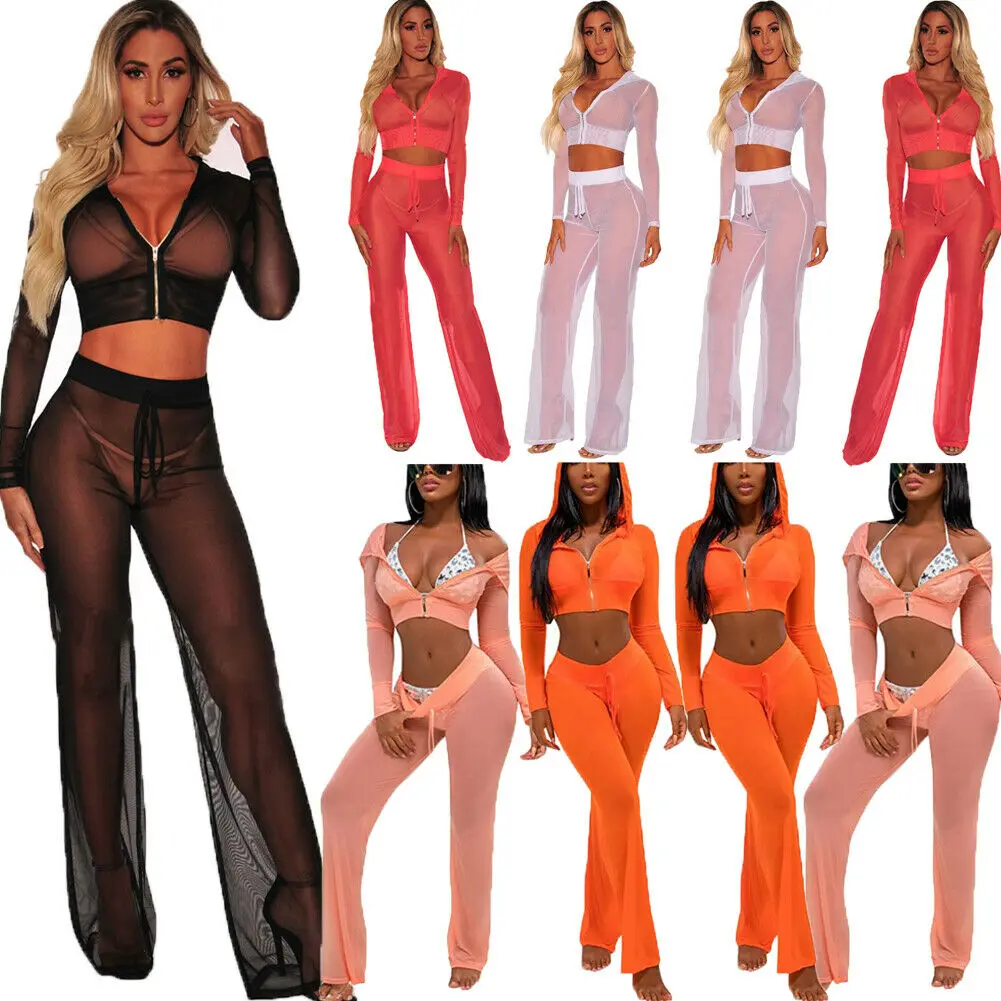 Hot Women Sexy Beach Mesh Sheer Bikini Cover Up Set Female Hoodie Swimwear Bathing Tops+Pants Ups Suits | Женская одежда