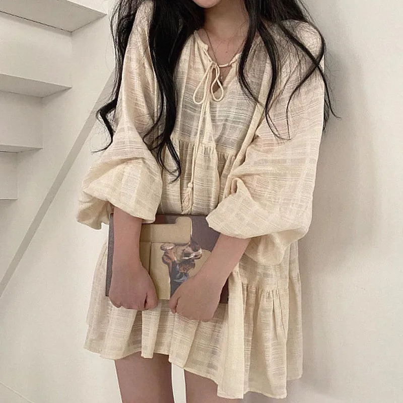

Dress Women Autumn Korean Style Chic Vntage V-Neck Puff Sleeve Doll Dresses Lace-Up Pincess Dress 5A006