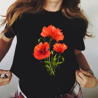 kawaii tee tops red poppy women black t shirt casual funny tshirts hipster tumblr female harajuku short sleeves tshirts