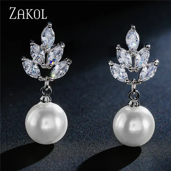 White Color Элегантные висячие серьги ZAKOL с кубическим цирконием и искусственным жемчугом в виде листьев для женщин, модные свадебные ювелирные изделия FSEP499 - Metal Color: White Color