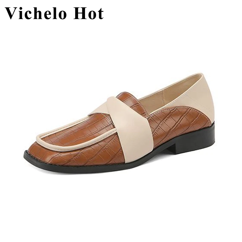 

Туфли-лодочки Vichelo на толстом среднем каблуке, удобные, гладиаторы из натуральной кожи, с квадратным носком, с узором под камень, в европейск...