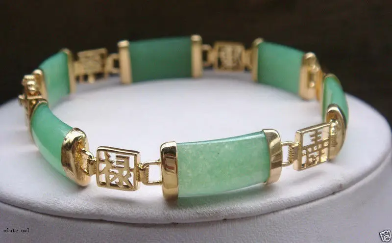

Pretty Natural Green Jade Gemstone Gold Plated Fortune Lucky Link Bracelet 7.5"