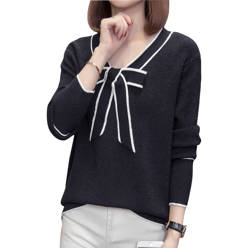 

Женский вязаный пуловер с бантом, милый черный пуловер большого размера d, женские блузки, зимние женские свитера, одежда D0446