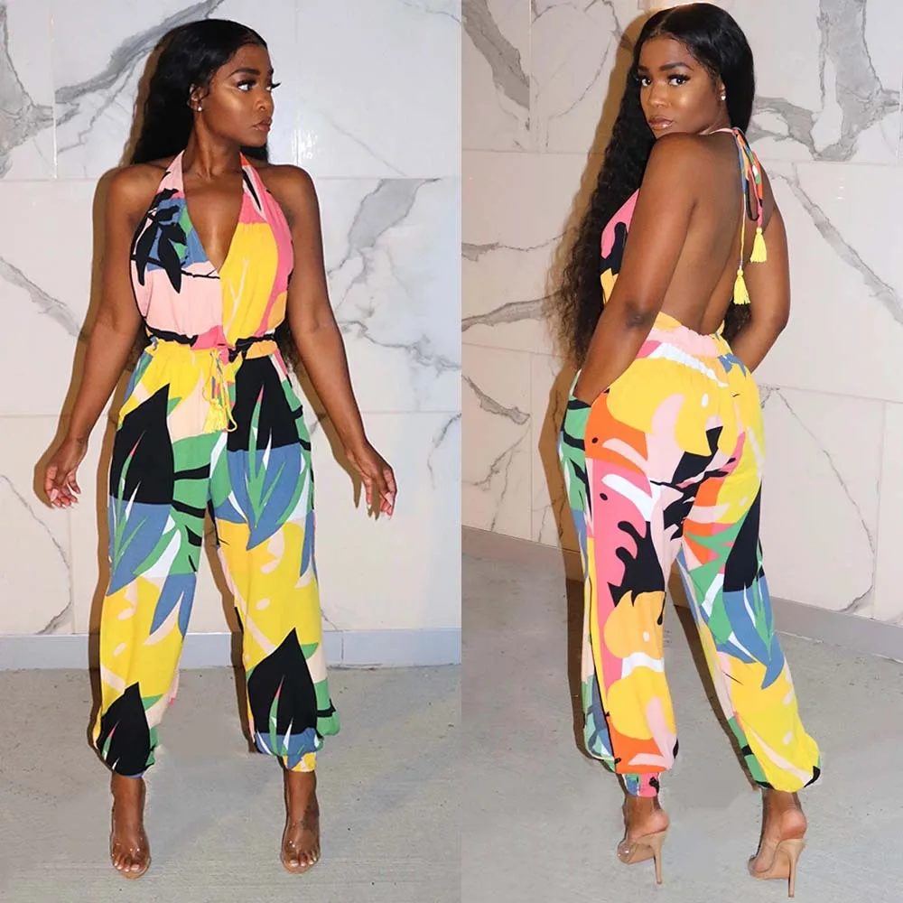 

ANJAMANOR Tropical Floral Print Elegant Sexy Women Jumpsuits Summer 2020 Halter Deep V Backless Rompers Club Outfits D35-DB45
