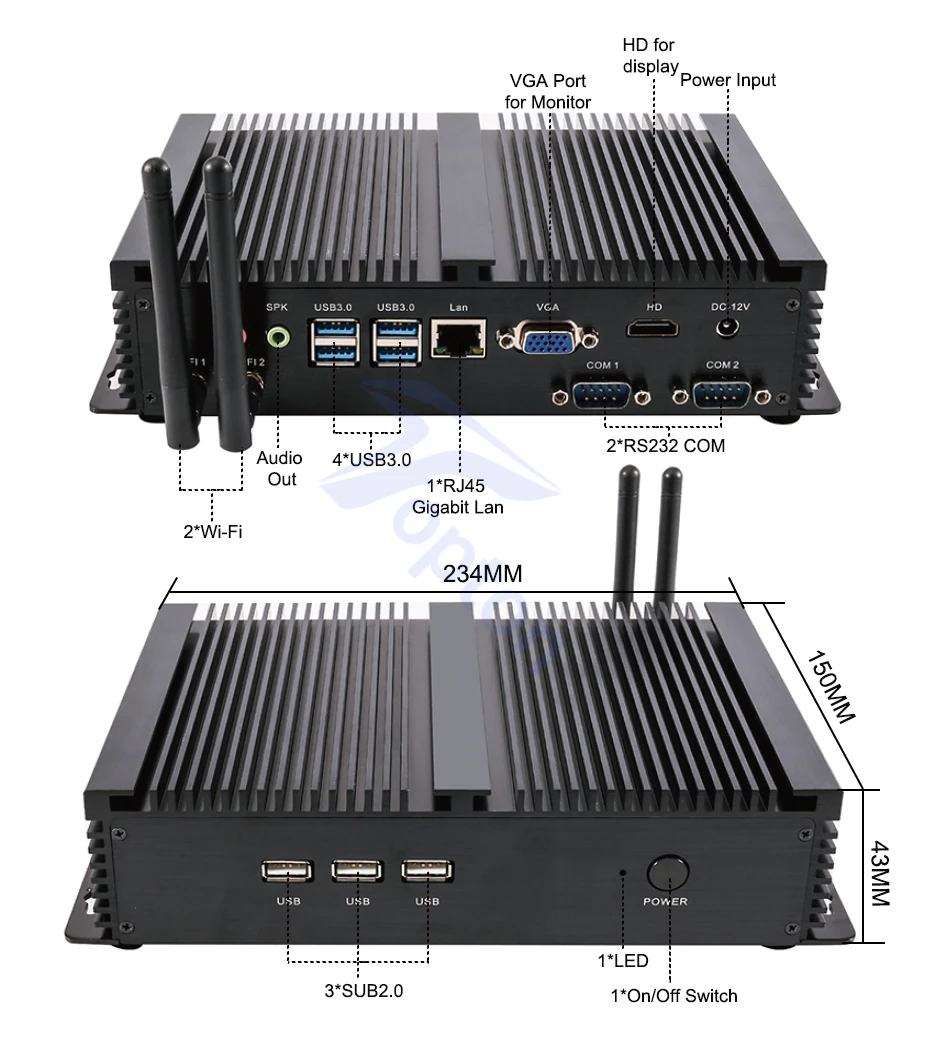 Безвентиляторный промышленный X86 Мини ПК i7 8565U i5 8265U 7*24 рабочих 2 * RS232 HDMI VGA 1 Lan 7 USB Wi