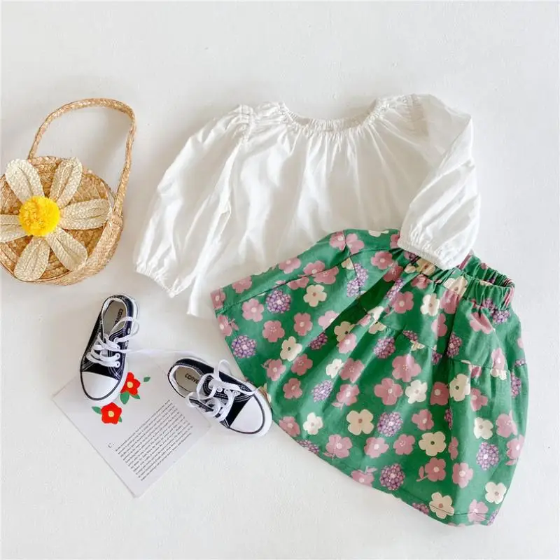 

Kids Summer Clothes Set Girls Ourfits 2021 Fashion Children White Blouse + Floral Print Skirt 2Pcs Suits Girls Casual Clothing