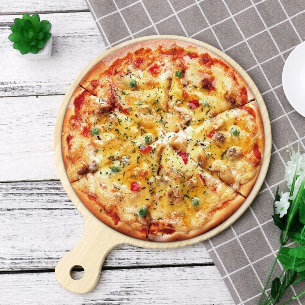 

10 Inch Natural Wooden Pizza Tray Board Pizza Spatula Paddle Food Round Bread Pan With Handle Kitchen Tool