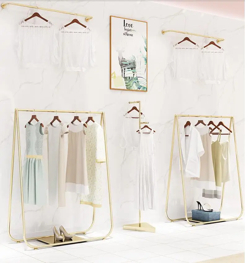 

Clothing store display rack floor-standing luxury women's clothing store display rack golden clothes rack net red hanger