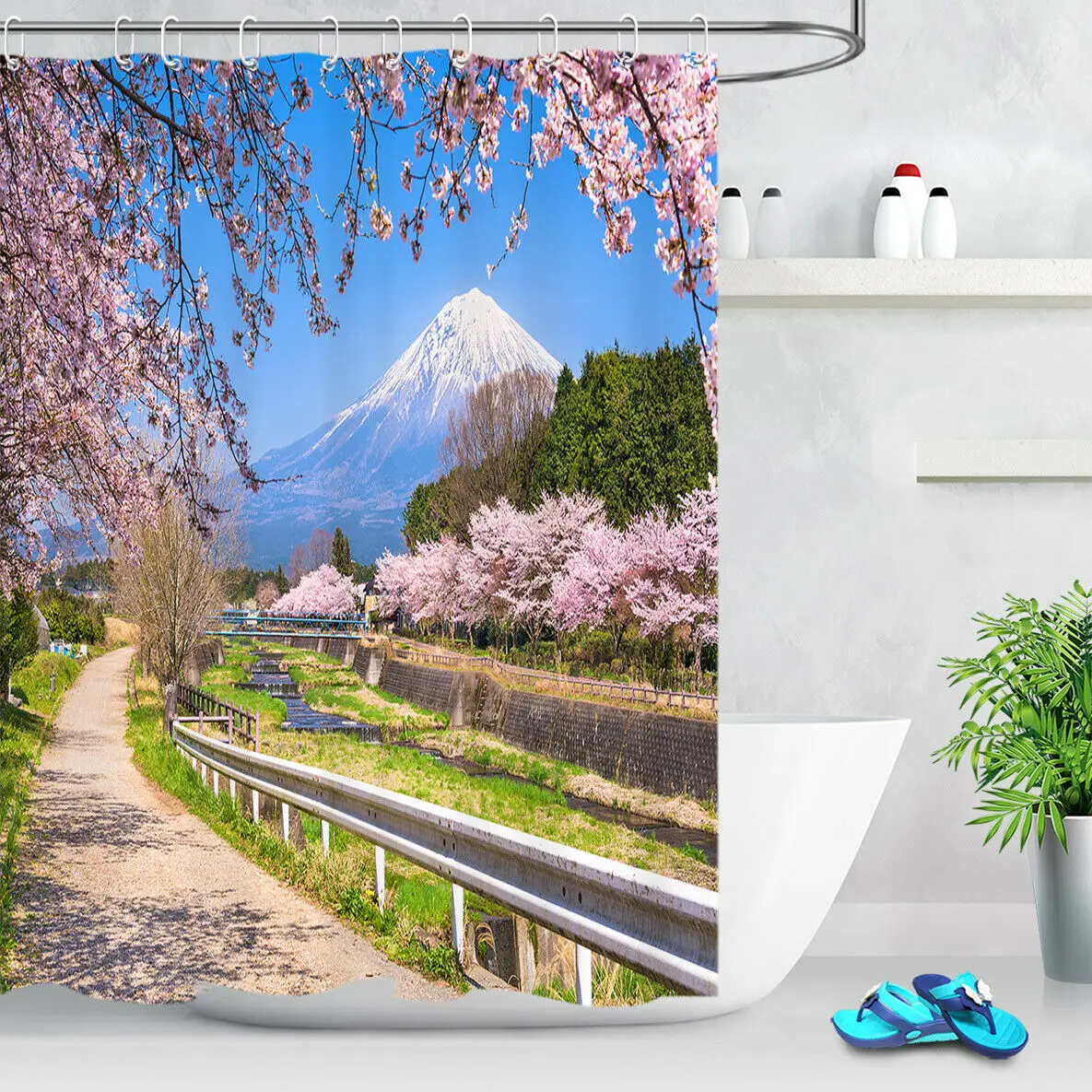 

Waterproof Fabric Shower Curtain Set Japanese Fuji Mountain Cherry Blossom