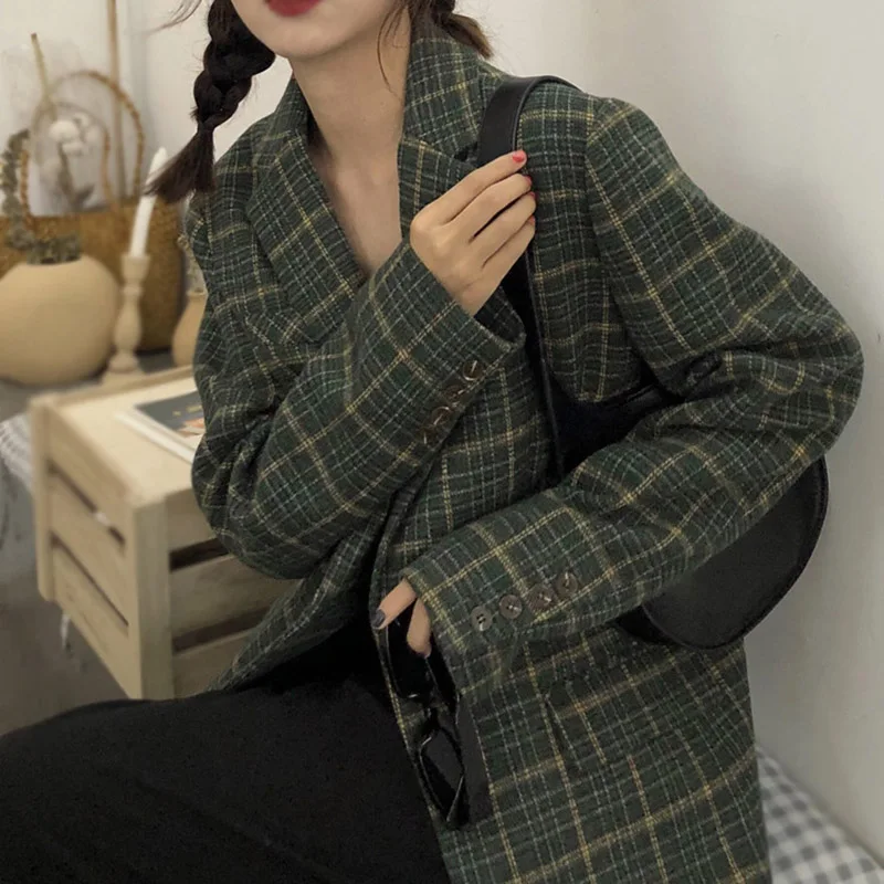 

Plaid Blazer Coat Women 2021 Spring New Loose Retro Plaid Coat Fashion Simple
