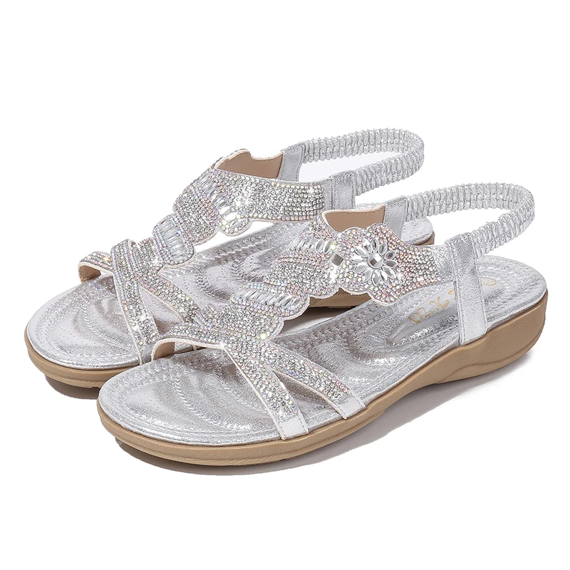 Сандалии женские на плоской подошве босоножки гладиаторы со стразами модная