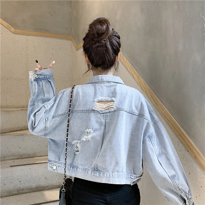 

Hole Denim Jackets Women Long Sleeve Turn Down Collar Jeans Jacket Coat Vintage Ripped Single Breasted Outwear Pockets Blue X374
