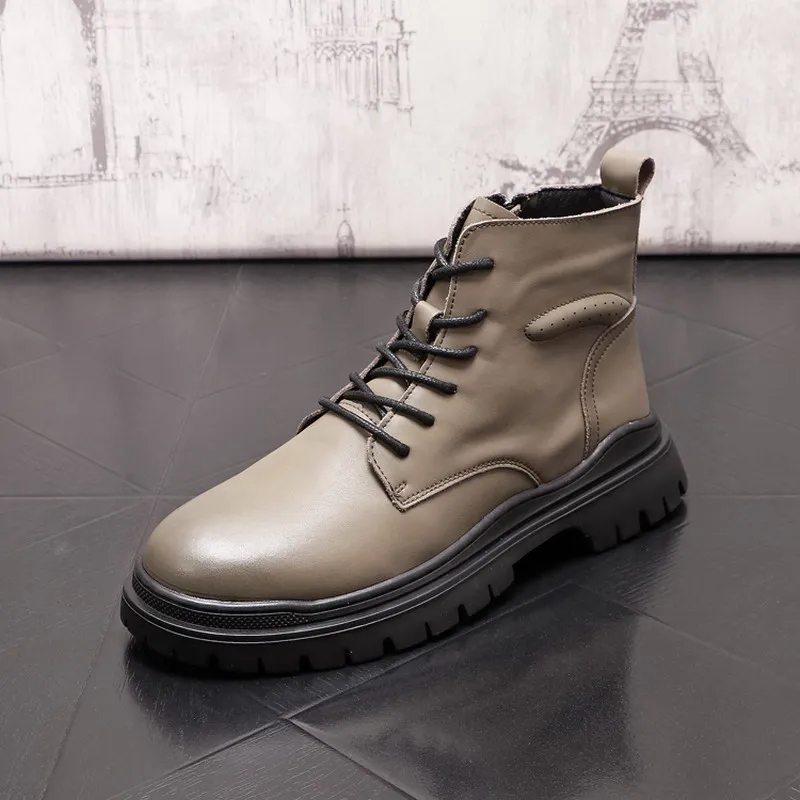 

Designer Mens Grey Motorcycle Boots Round Toe Lace Up Platform Short Ankle Botas British Street Trending Leisure Shoes ERRFC