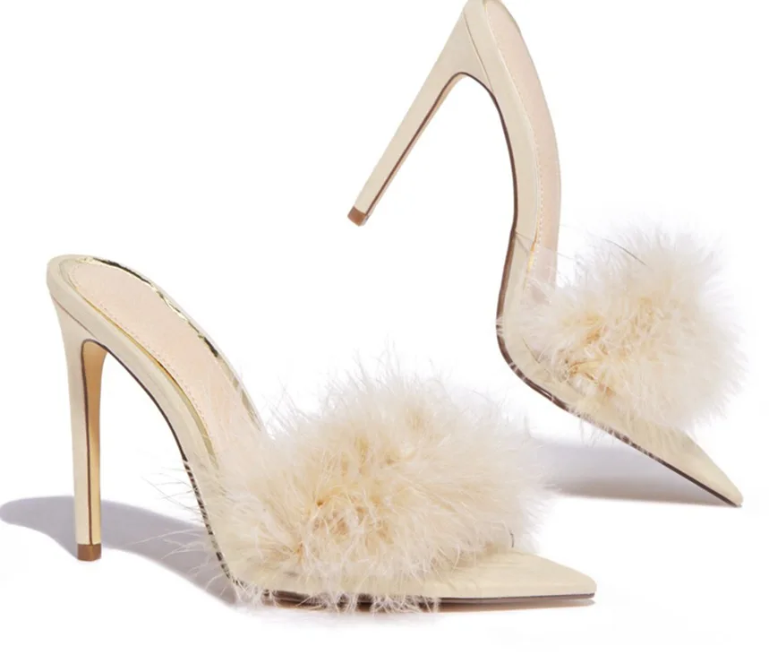 

2021 large slim heel high heel spring new pointed fish beak hairy sandal women's shoes