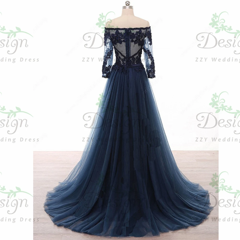 

Exquisite Navy Blue Tulle Off The Shoulder Long Sleeves Beading Mother Of The Bride Dresses Dresses Women Plus Size Elegant