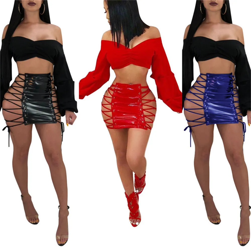 

Fashion PU Skirts Womens Sexy Hollow Out Bandage Designer Mini Skirts High Waist Night Club Female Clothes