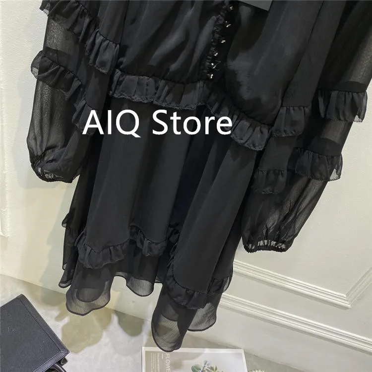 

Women White or Black Mini Dress Ruffles O-neck Mesh High Waist Long Lantern Sleeve Ladies Short Robes 2021 Spring Summer