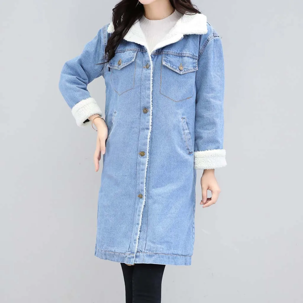 

FREE OSTRICH Winter women fashion simple blue denim jacket thick warm wool denim jacket comfortable punk wind long denim jacket