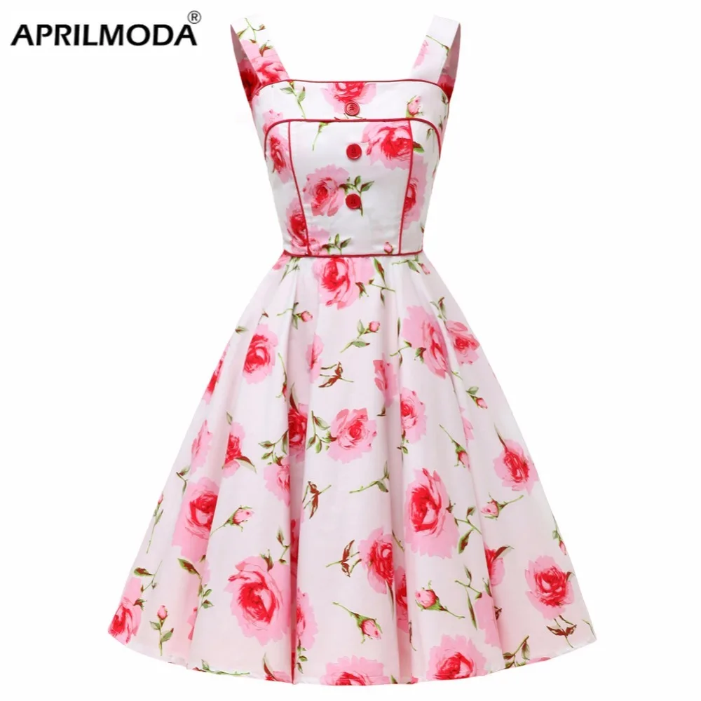 

2020 Summer Vintage Rockabilly Dress 50s 70s Big Swing Floral Polka Dot Print Audrey Hepburn Casual A Line Retro 60s Sundress