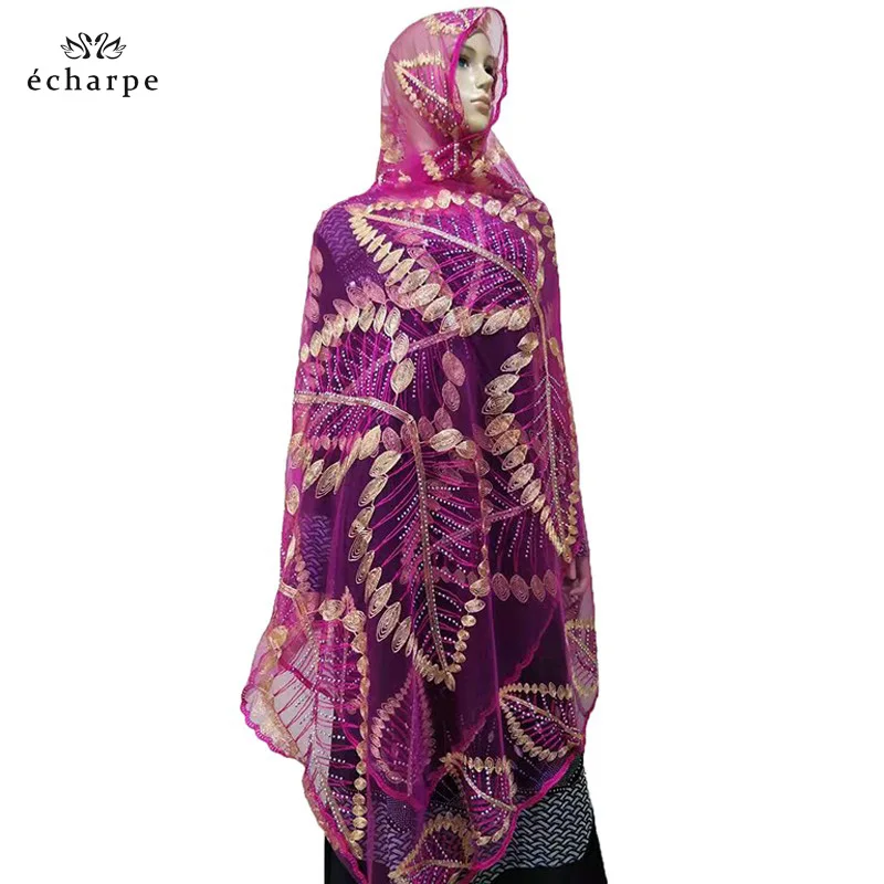 

Newest African Women Hijab Scarfs Leaf Design Big Embroidery Soft Net Scarf Breathe Material Summer Scarfs FACTORY PRICE EC202