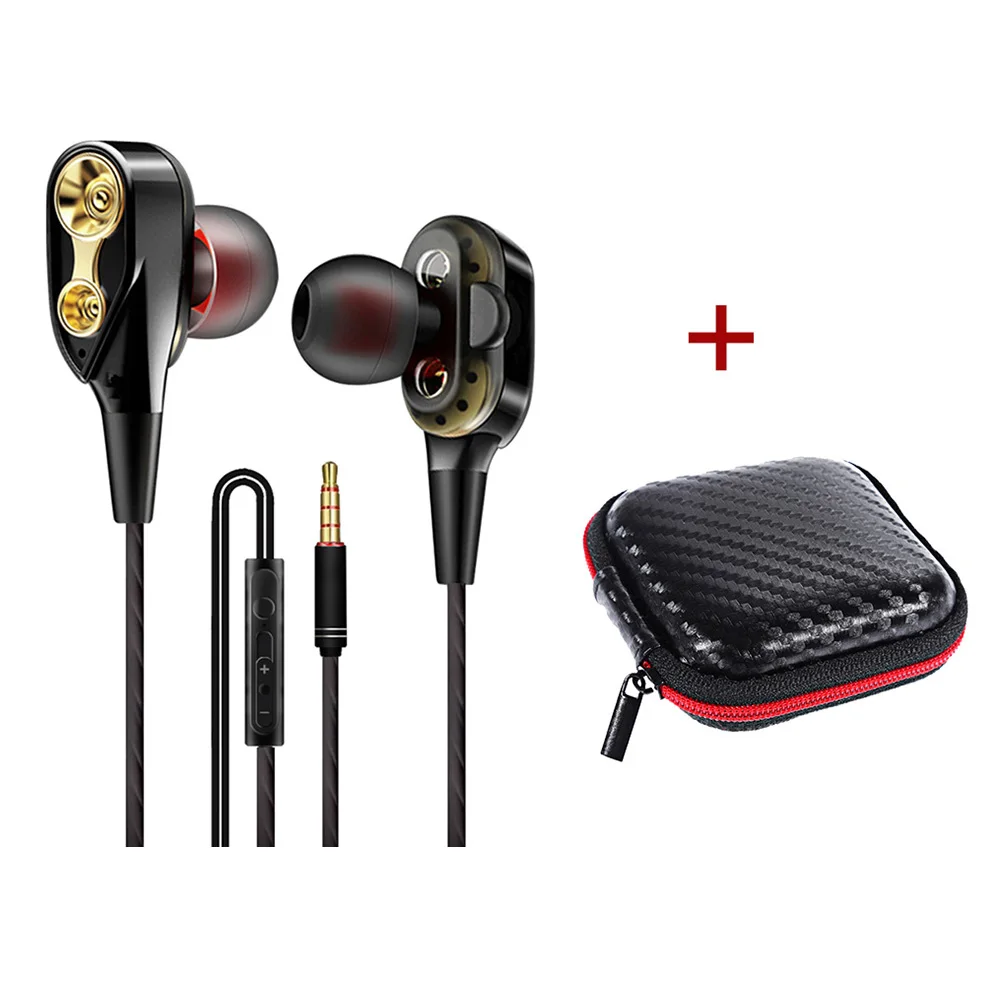 Black With Case Наушники с высоким басом, спортивные наушники, двойной привод, стерео наушники-вкладыши, проводные наушники с микрофоном, компьютерные наушники для сотового телефона - Цвет: Black With Case