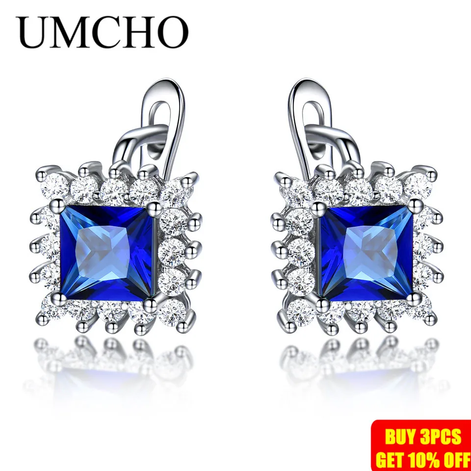 Женские серьги-клипсы UMCHO серебро 925 пробы искусственный синий сапфир свадебный
