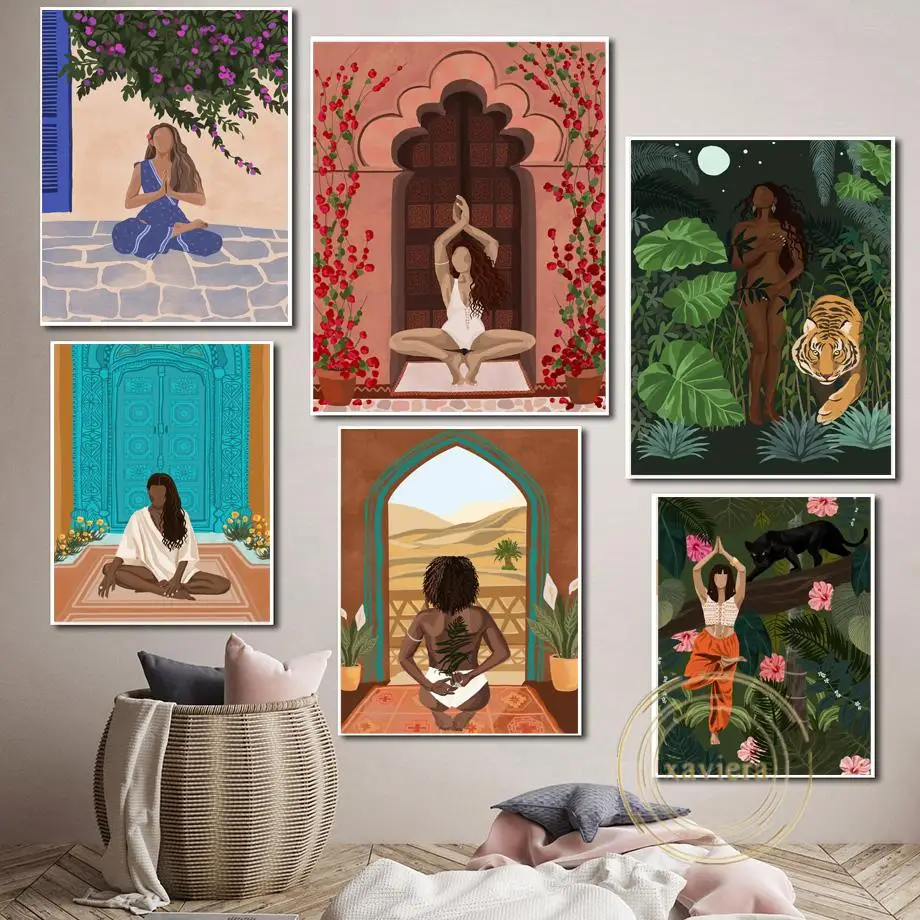 

African Girl Yoga Retro Poster Abstract Wild Animal Leopard Tiger Prints Nordic Fashion Wall Art Canvas Painting Interior Decor
