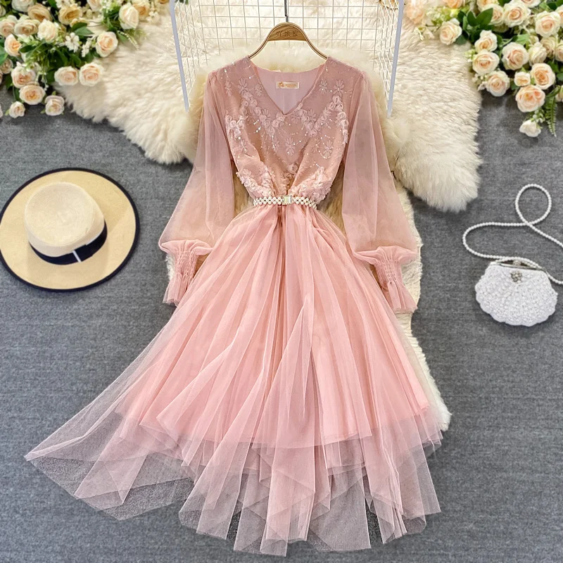 

Autumn 2021 Korean Super Fairy Pink White Dress Girl Goddess V-neck Sequin Stitch Mesh Dress Women Waist Close Irregular Dresses