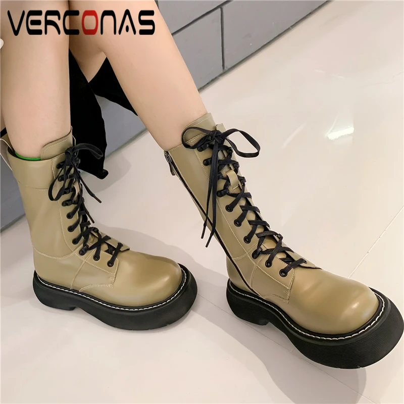 

VERCONAS Fashion Punk Women Mid-Calf Boots Genuine Leather Motorcycle Boots Platforms Cross-Tied Side Zipper Shoes Woman Autumn
