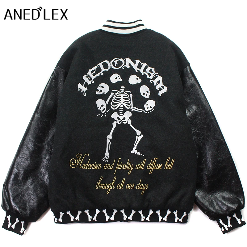 

Hip Hop Men Skull Threaded PU Leather Sleeve Bomber Cotton Jacket Men Streetwear Jacket Harajuku Letter Embroidery Coat Outwear