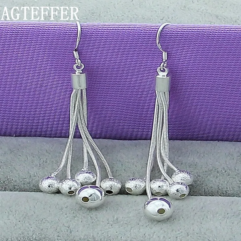 

AGTEFFER 925 Sterling Silver Smooth Matte Five Beads Drop Earrings For Woman Wedding Engagement Fashion Party Charm Jewelry