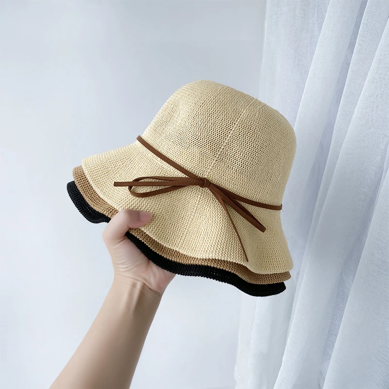 

2021 Spring Summer Bucket Hat Beige Khaki Black Sun Protectors Caps Bow Sweet Sun Hats Fisherman Hat All Match Foldable 56-58cm