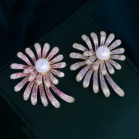 okily fashion cubic zirconia flower brooches for women sunflower brooch pin with pearl copper jewelry corsage coat accessories