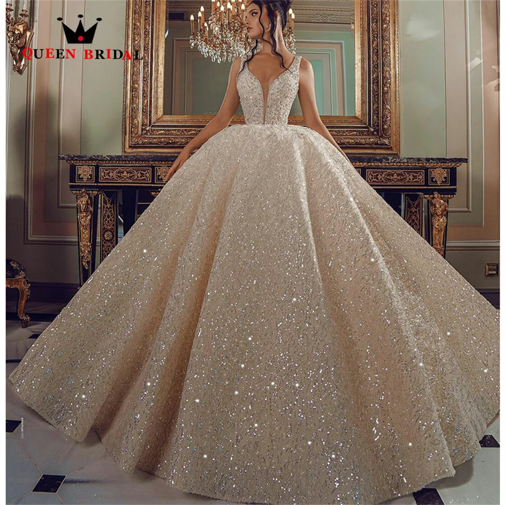 

Luxury Wedding Dresses Ball Gown Puffy Long Train Sequins Tulle Crystal Beaded 2022 New Design Bridal Gown Custom Made JT46