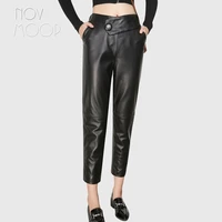 novmoop high steet casual style women autumn black sheepskin genuine leather pants with single button pantalones de mujer lt3126