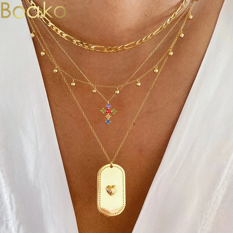 

BOAKO 925 Sterling Silver INS Colorful Cross Sun Women Pendant Necklace Zircon Dangle Earrings Collar Jewelry Chain Collares
