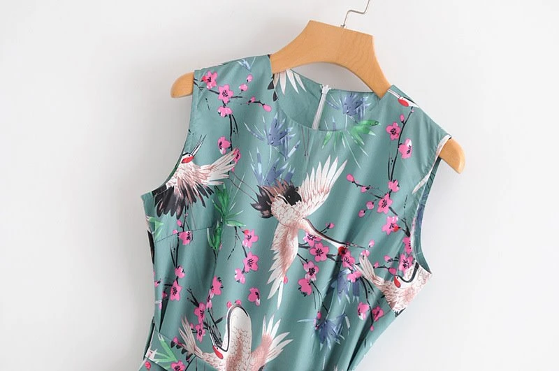 Yocalor Модный женский комбинезон с принтом Журавля без рукавов круглым вырезом