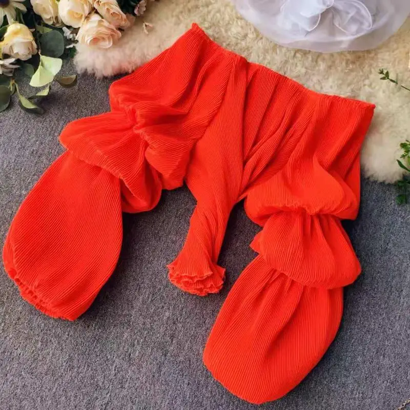 Весенне-осенняя Новая женская блузка с вырезом лодочкой рукава-фонарики шифоновая рубашка с оборками Женская однотонная Элегантная короткая блузка, женские рубашки Топ
