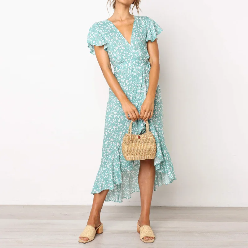 

Women Summer Dress Ruffles Hem Sexy V Neck Sashes Casual Boho Female Girl Polka Dot Print Short Sleeve Chiffon Dresses